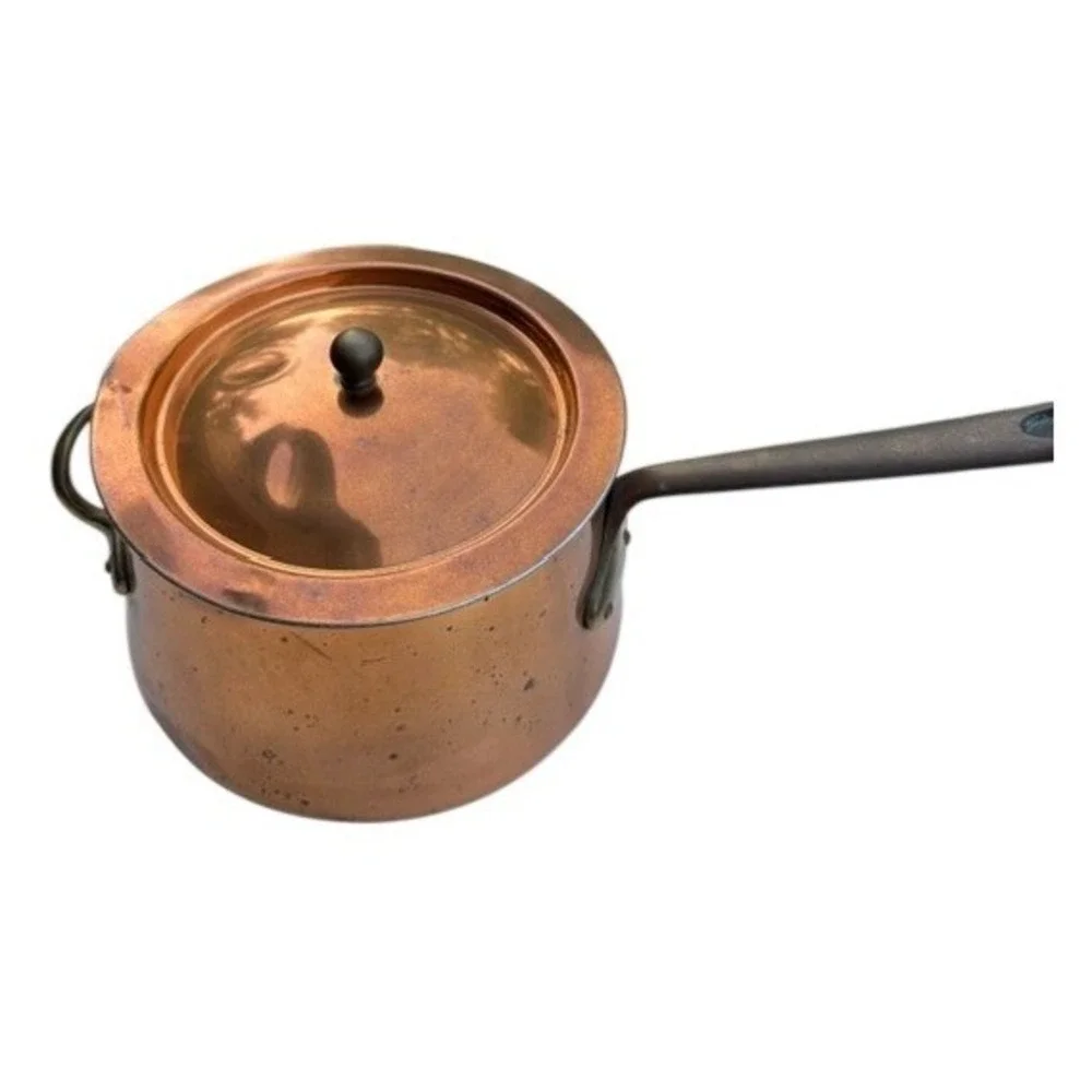 Vintage Copper Saucepan Lid Brass Handle Riveted Tin Lined Pot 7